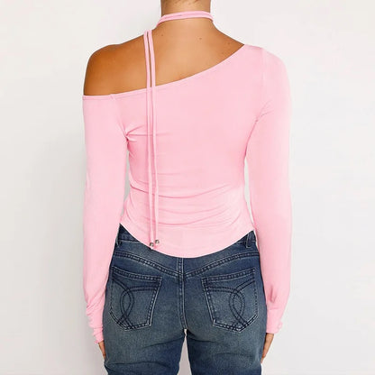 Off The Shoulder Split Top With Neck Tie