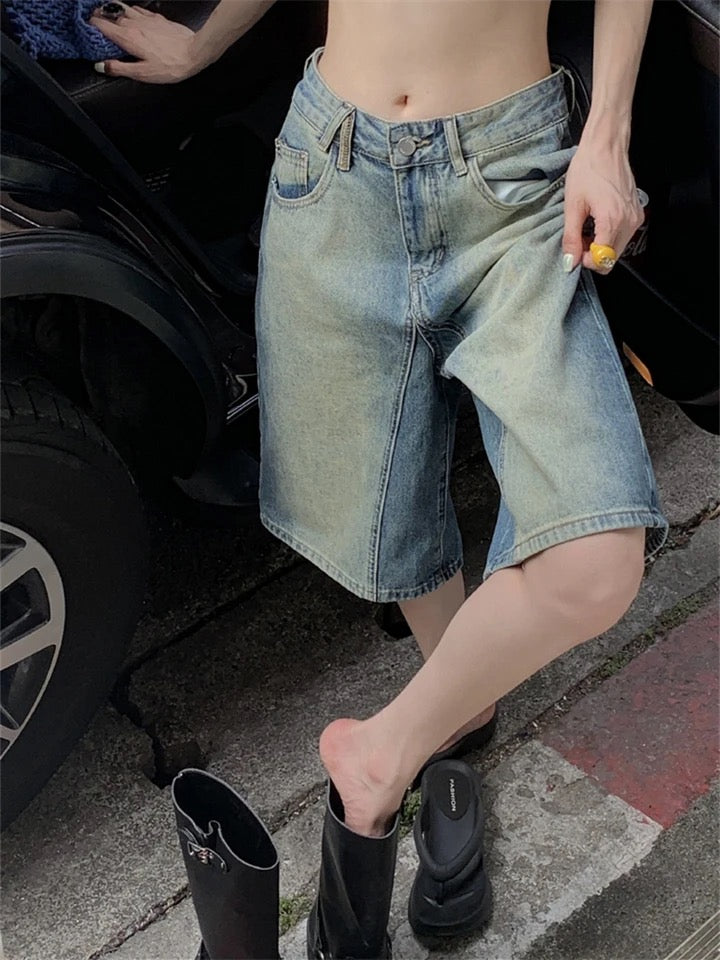 Denim Jorts With Wide Sandblast Wash