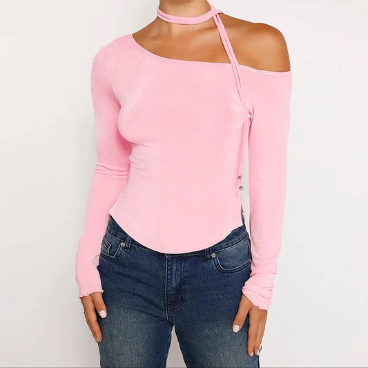 Off The Shoulder Split Top With Neck Tie