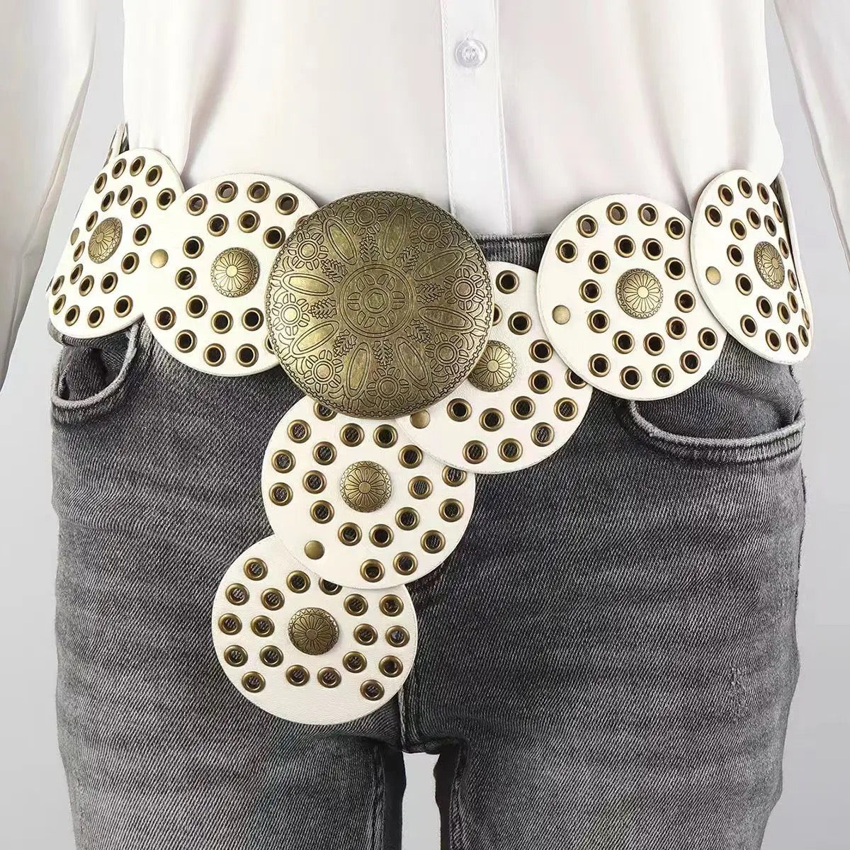 White Studded Disc Belt