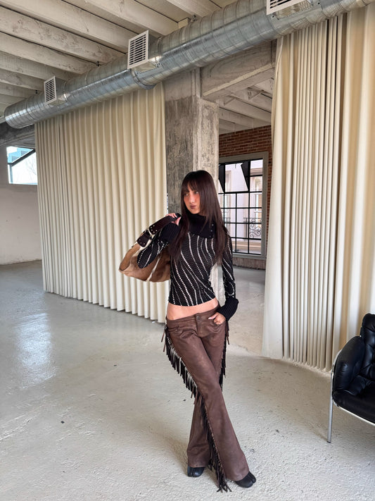 Andivogels Aged Low-Rise Suede Trousers With Fringe Finish