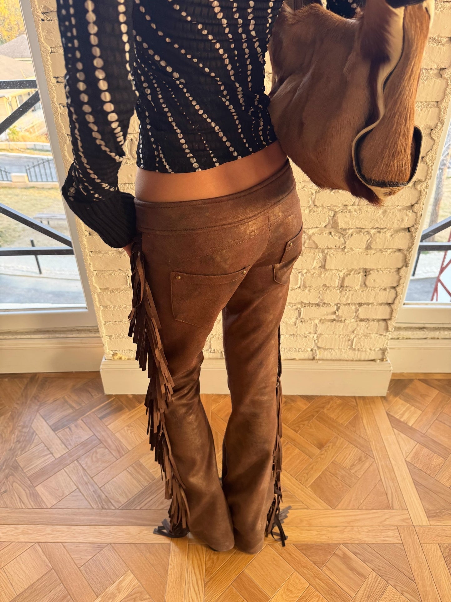 Andivogels Aged Low-Rise Suede Trousers With Fringe Finish