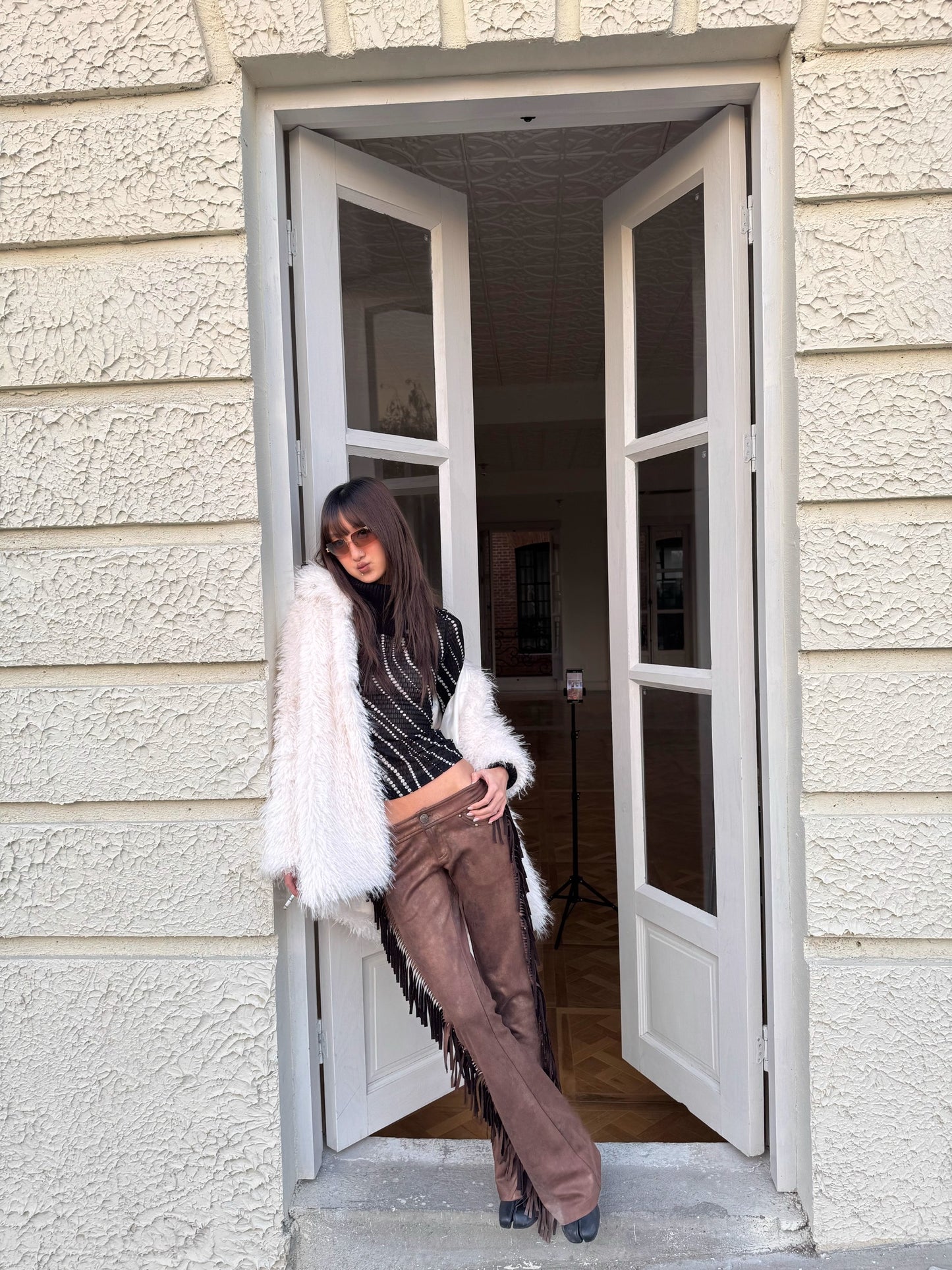 Andivogels Aged Low-Rise Suede Trousers With Fringe Finish