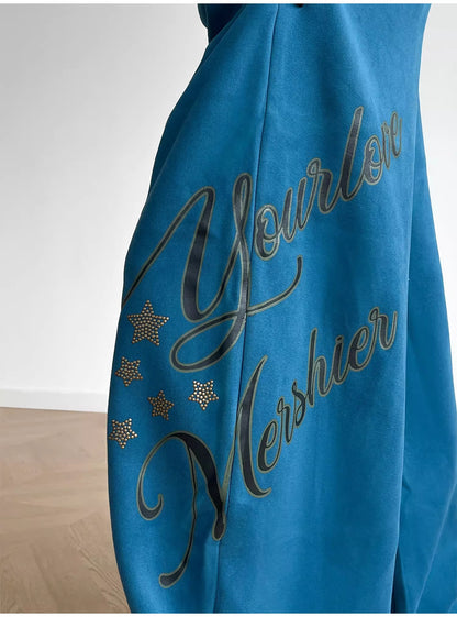 Cobalt Wide-Leg Joggers with Graphic Text