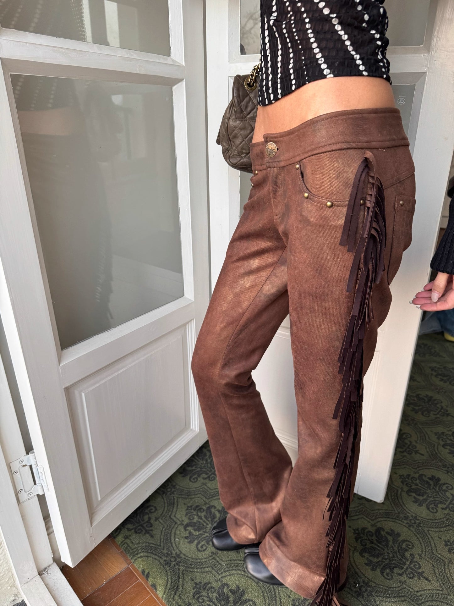 Andivogels Aged Low-Rise Suede Trousers With Fringe Finish