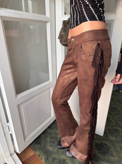Andivogels Aged Low-Rise Suede Trousers With Fringe Finish