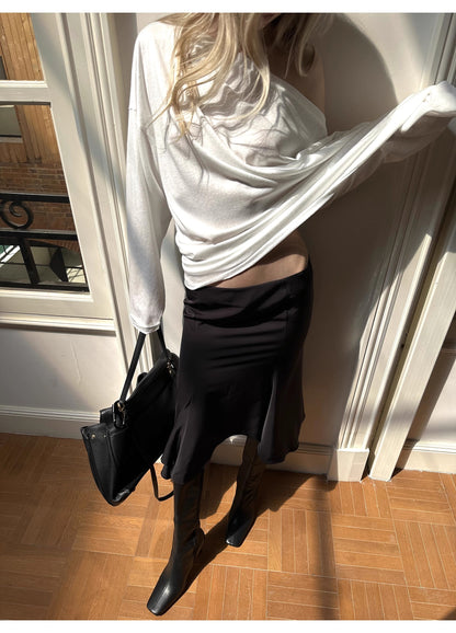 0122stepll Black Low Waist Ruffle Midi Skirt