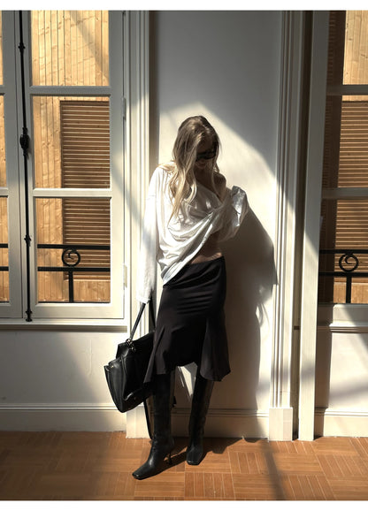 0122stepll Black Low Waist Ruffle Midi Skirt