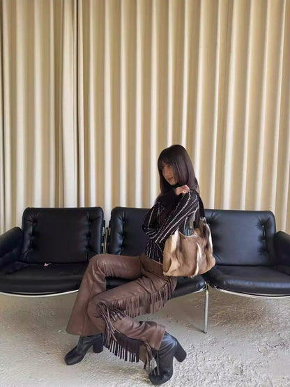 Andivogels Aged Low-Rise Suede Trousers With Fringe Finish