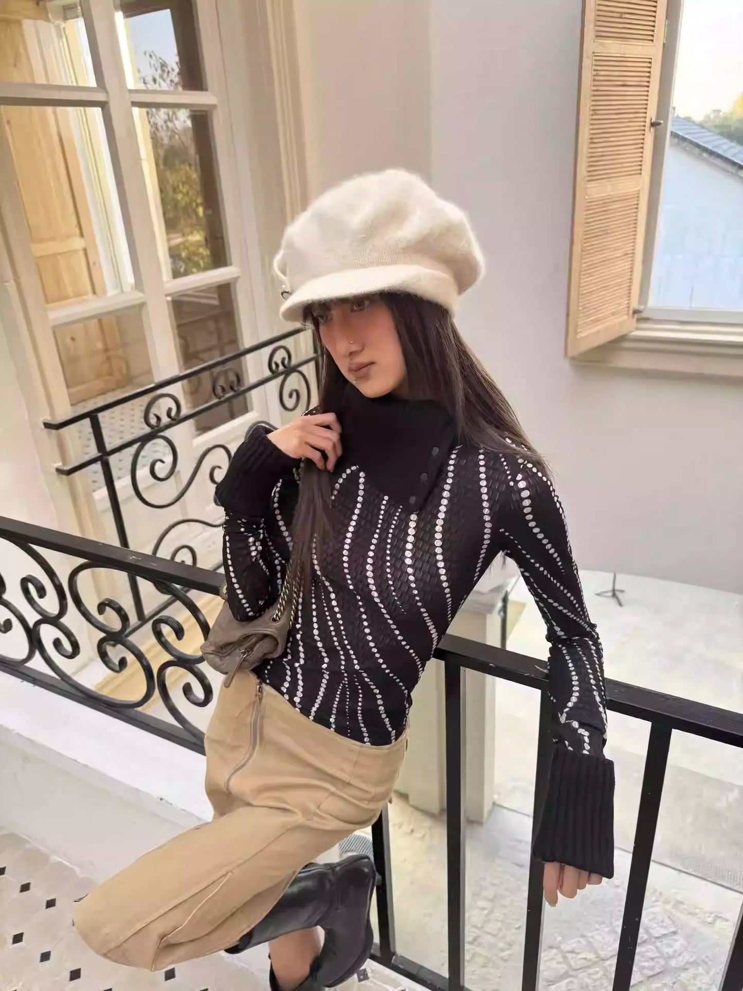 Andivogels Knitted Turtle Neck Cut Out Top