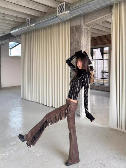 Andivogels Aged Low-Rise Suede Trousers With Fringe Finish